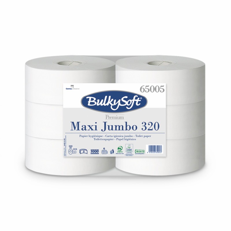 PAPIER TOILETTE MAXI JUMBO 320M PURE OUATE BLANCHE 2 PLIS X6