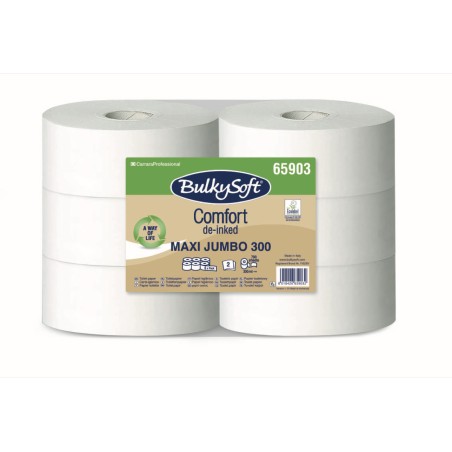 PAPIER TOILETTE MAXI JUMBO 300M EN OUATE BLANCHE RECYCLEE 2 PLIS x6 Ecolabel