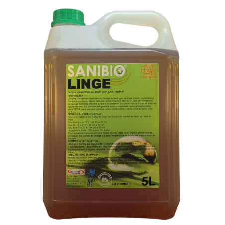 Lessive liquide concentrée au savon noir 100% végétal écodétergent Ecocert en bidon de 5 litres