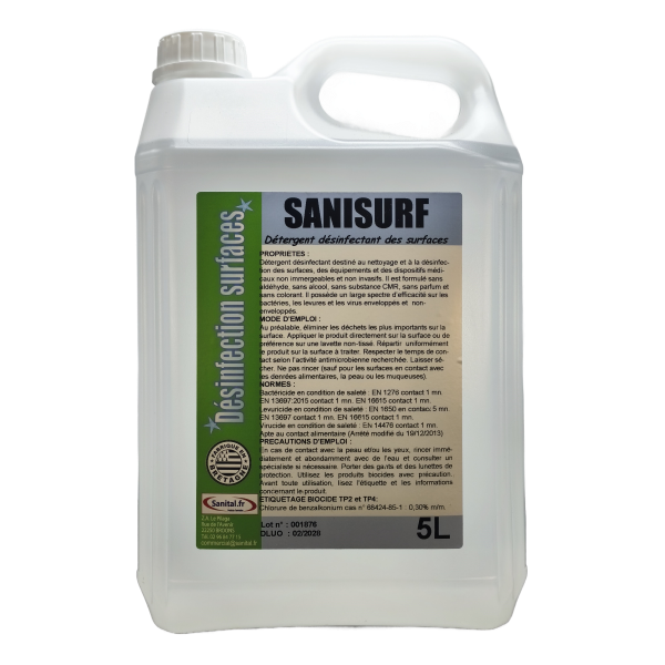 Détergent désinfectant neutre prêt à l'emploi, bactéricide, levuricide et virucide en bidon de 5 litres