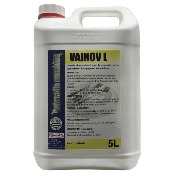 Liquide alcalin chloré concentré pour la rénovation et la désincrustation de la vaisselle en trempage ou en machine.