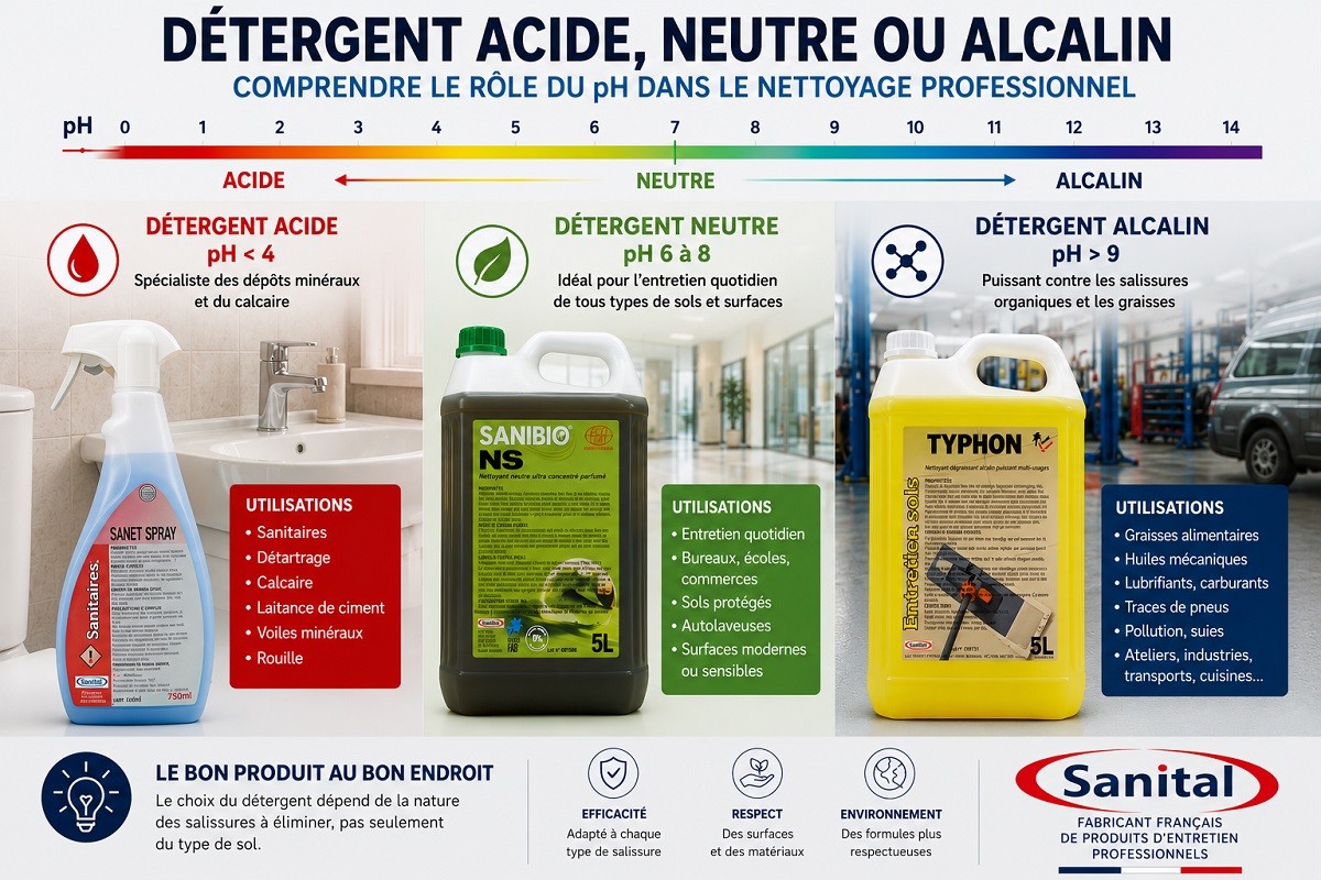 Détergent acide, neutre, ou alcalin : comprendre le rôle du pH dans le nettoyage professionnel